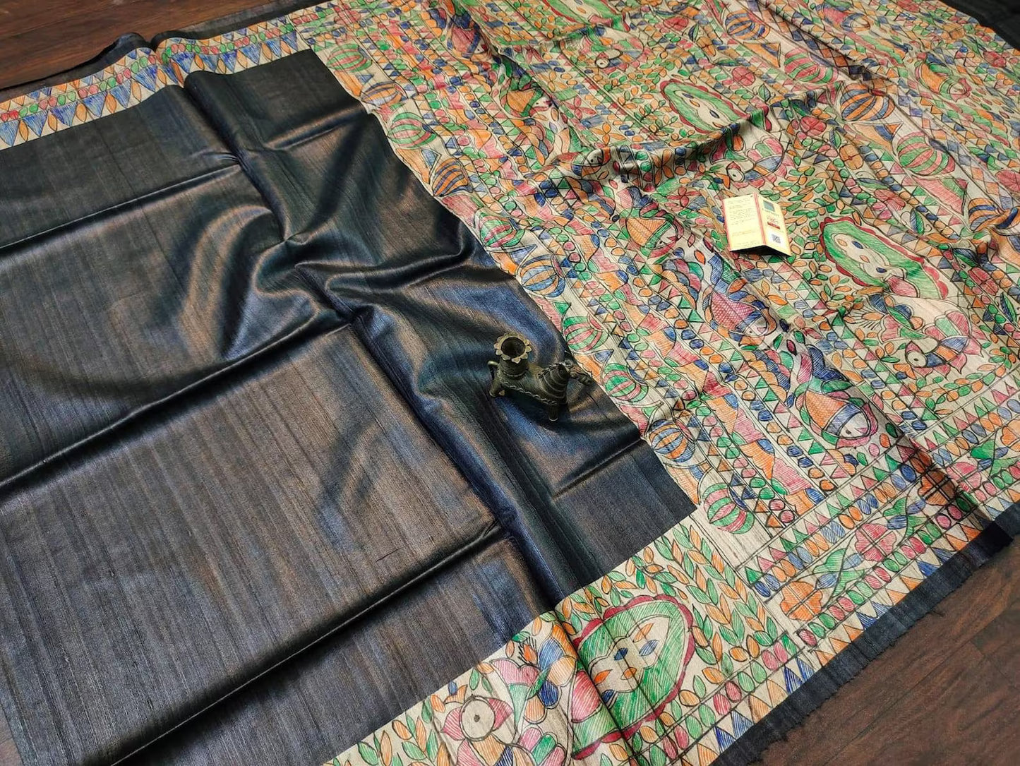 Black shade Handwoven Tussar Silk Saree |Handpainted work | KIHUMS Saree