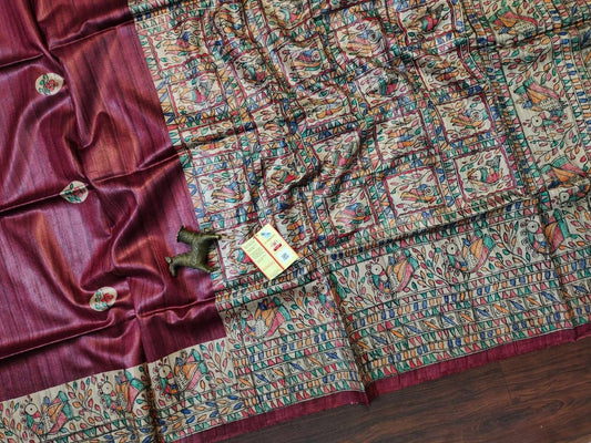 Wine shade Handwoven Tussar Silk Saree |Handpainted work | KIHUMS Saree