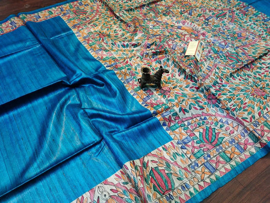 Blue shade Handwoven Tussar Silk Saree |Handpainted work | KIHUMS Saree