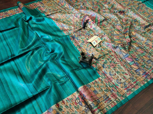Dark Green shade Handwoven Tussar Silk Saree |Handpainted work | KIHUMS Saree