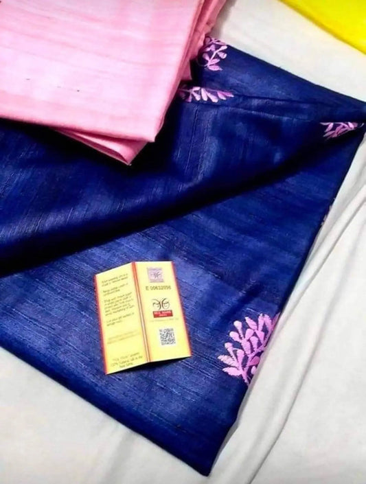 Navy Blue Shade Handwoven Tussar Silk Saree | Embroidery work | KIHUMS Saree kihums clothing