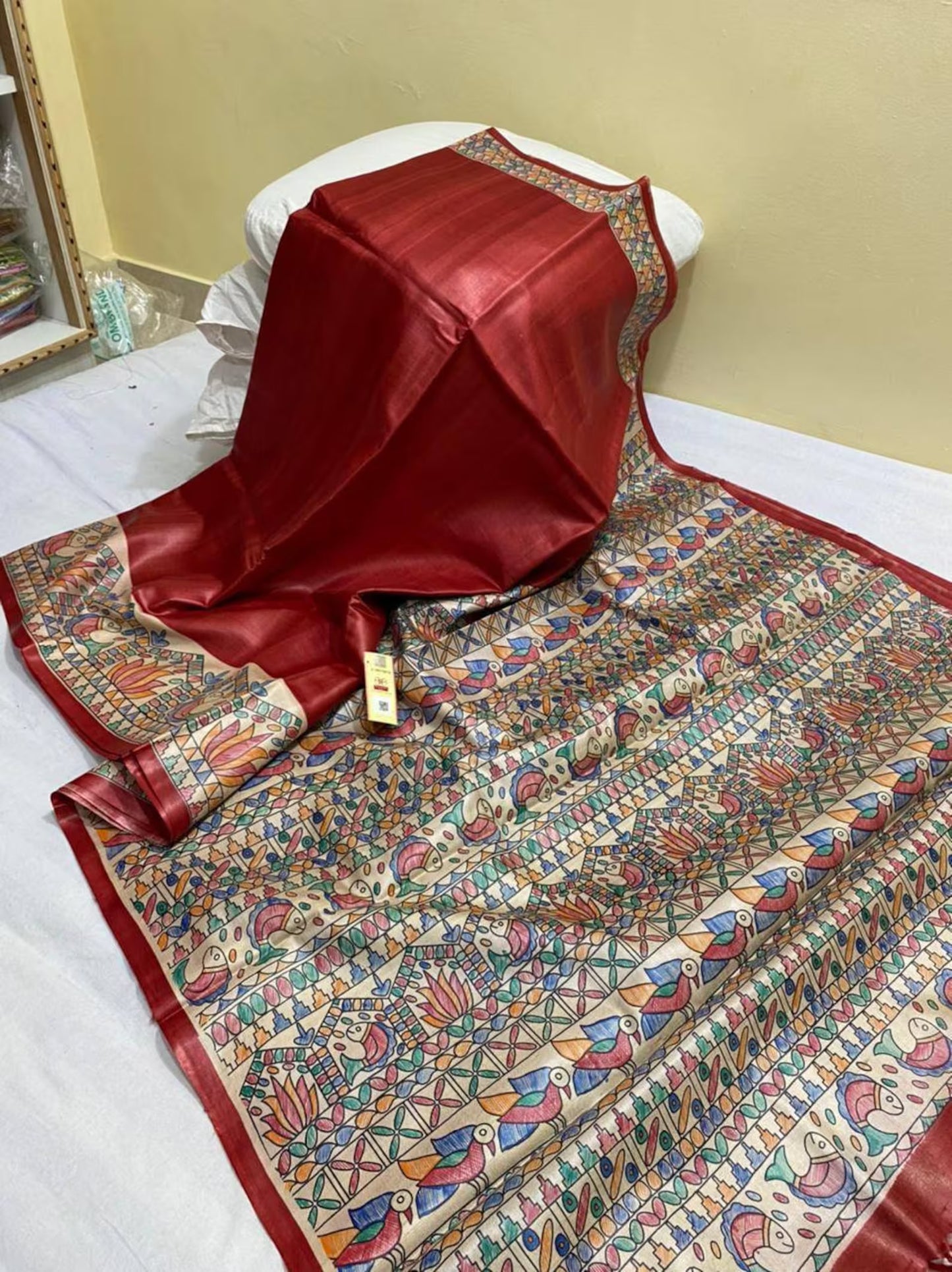 Red shade Handwoven Tussar Silk Saree |Handpainted work | KIHUMS Saree