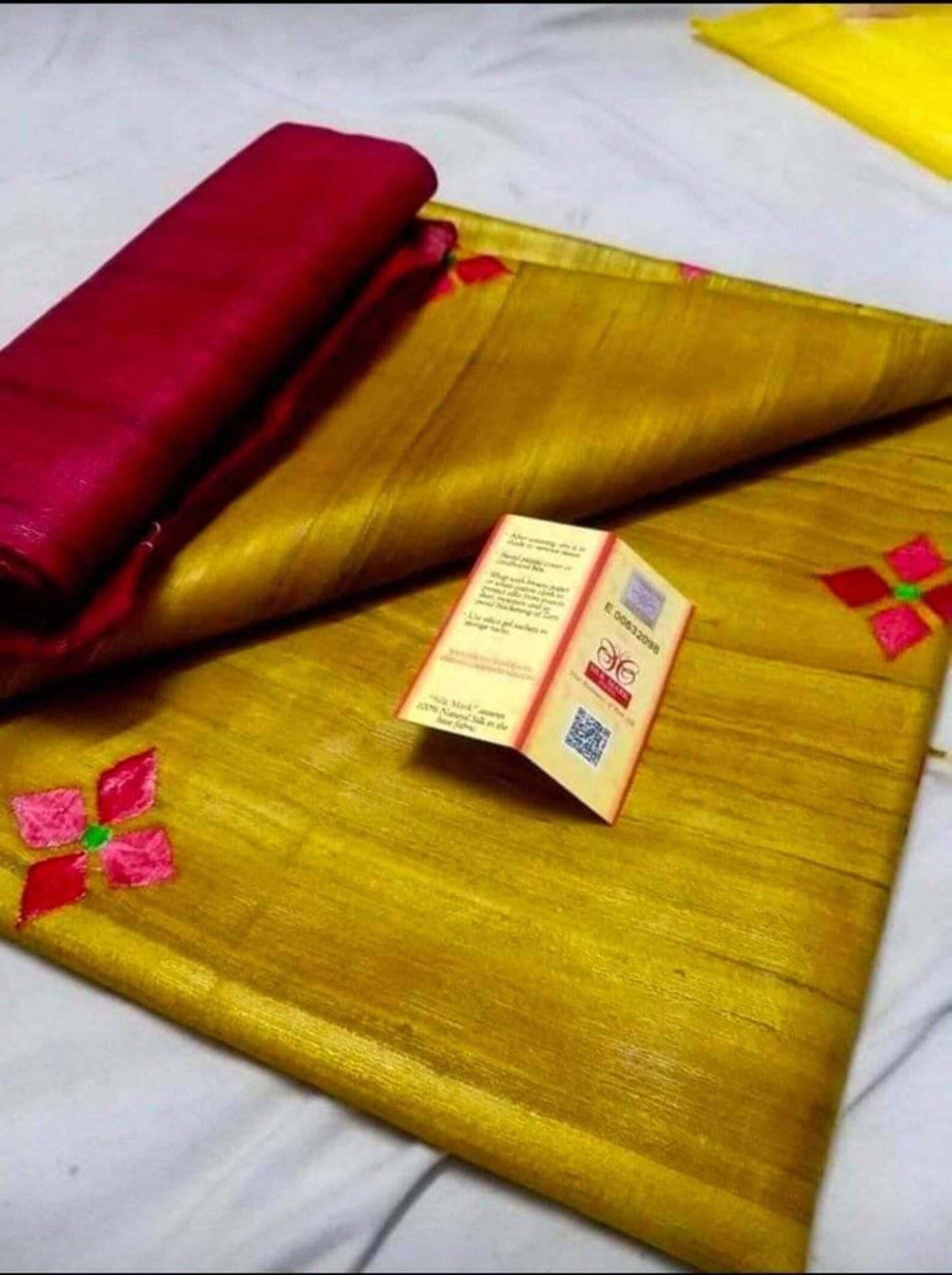 Mustard Yellow shade Handwoven Tussar Silk Saree | Embroidery work | KIHUMS Saree