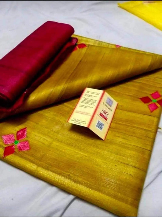 Mustard Yellow shade Handwoven Tussar Silk Saree | Embroidery work | KIHUMS Saree kihums clothing