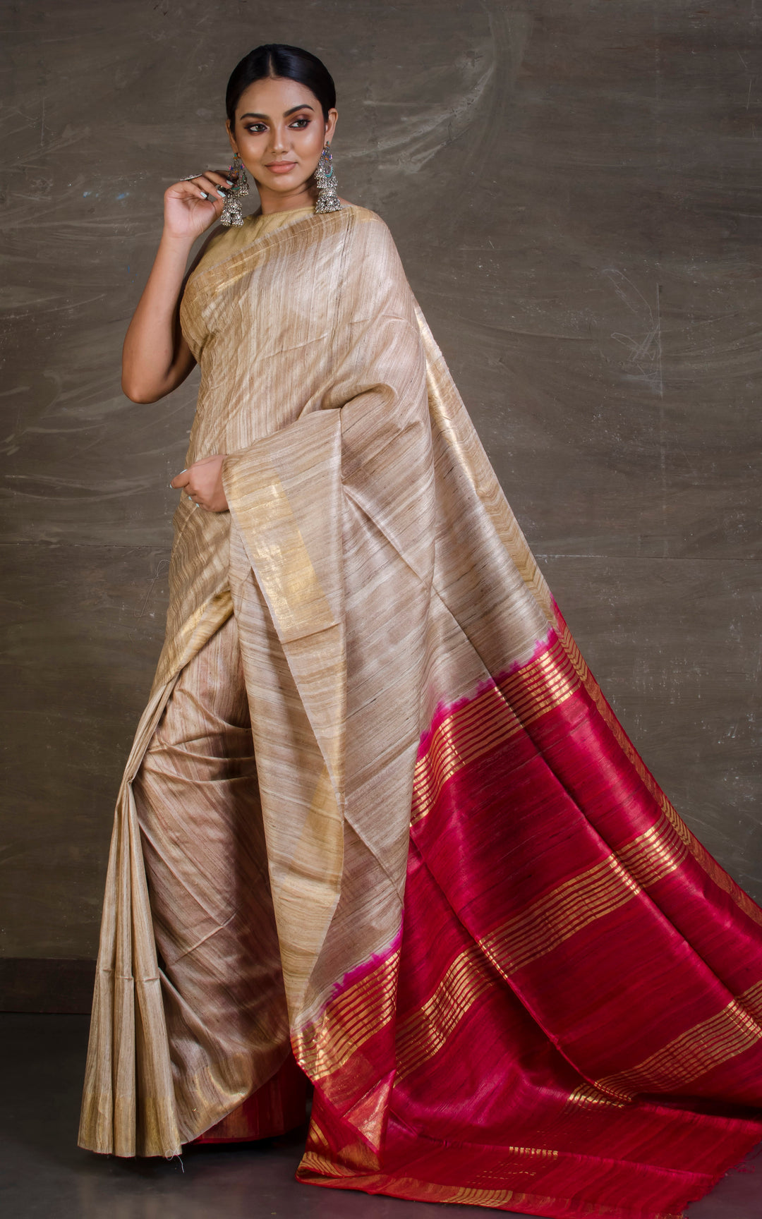 Beige Handwoven Tussar Silk Saree | KIHUMS Saree