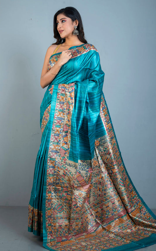 Blue Handwoven Tussar Silk Saree | Madhubani Painted | KIHUMS Saree