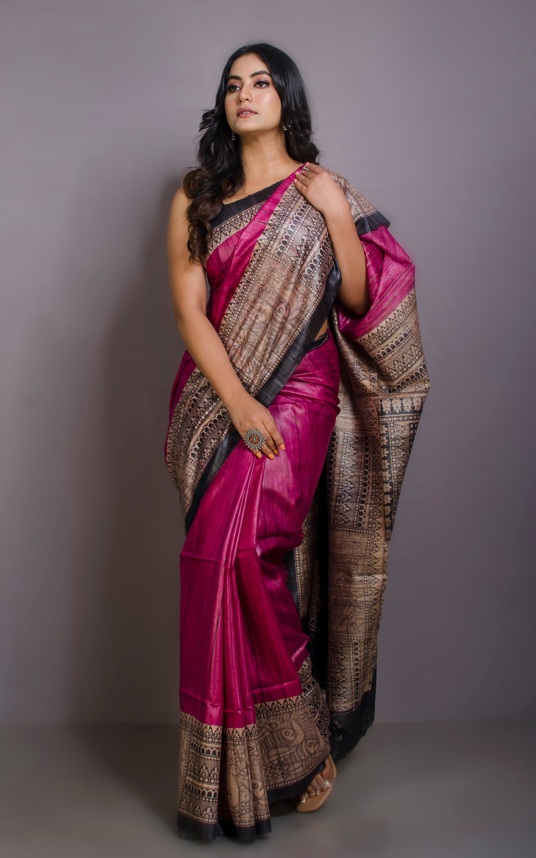 Pink Handwoven Tussar Silk Saree | Madhubani Printed| KIHUMS Saree