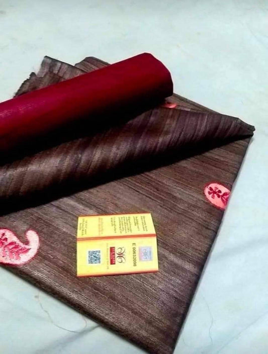 Chocolate shade Handwoven Tussar Silk Saree | Embroidery work | KIHUMS Saree