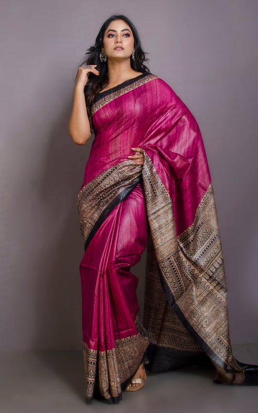 Pink Handwoven Tussar Silk Saree | Madhubani Printed| KIHUMS Saree