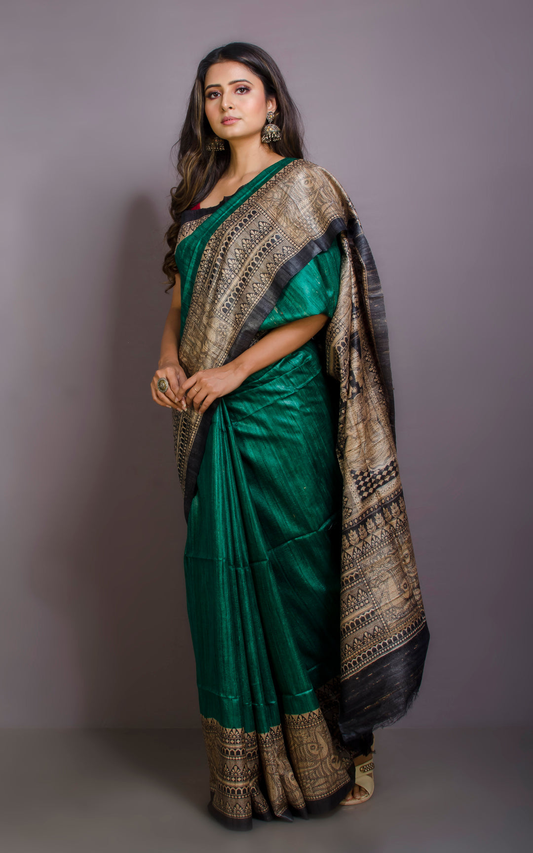 Dark Green Handwoven Tussar Silk Saree | Madhubani Printed| KIHUMS Saree