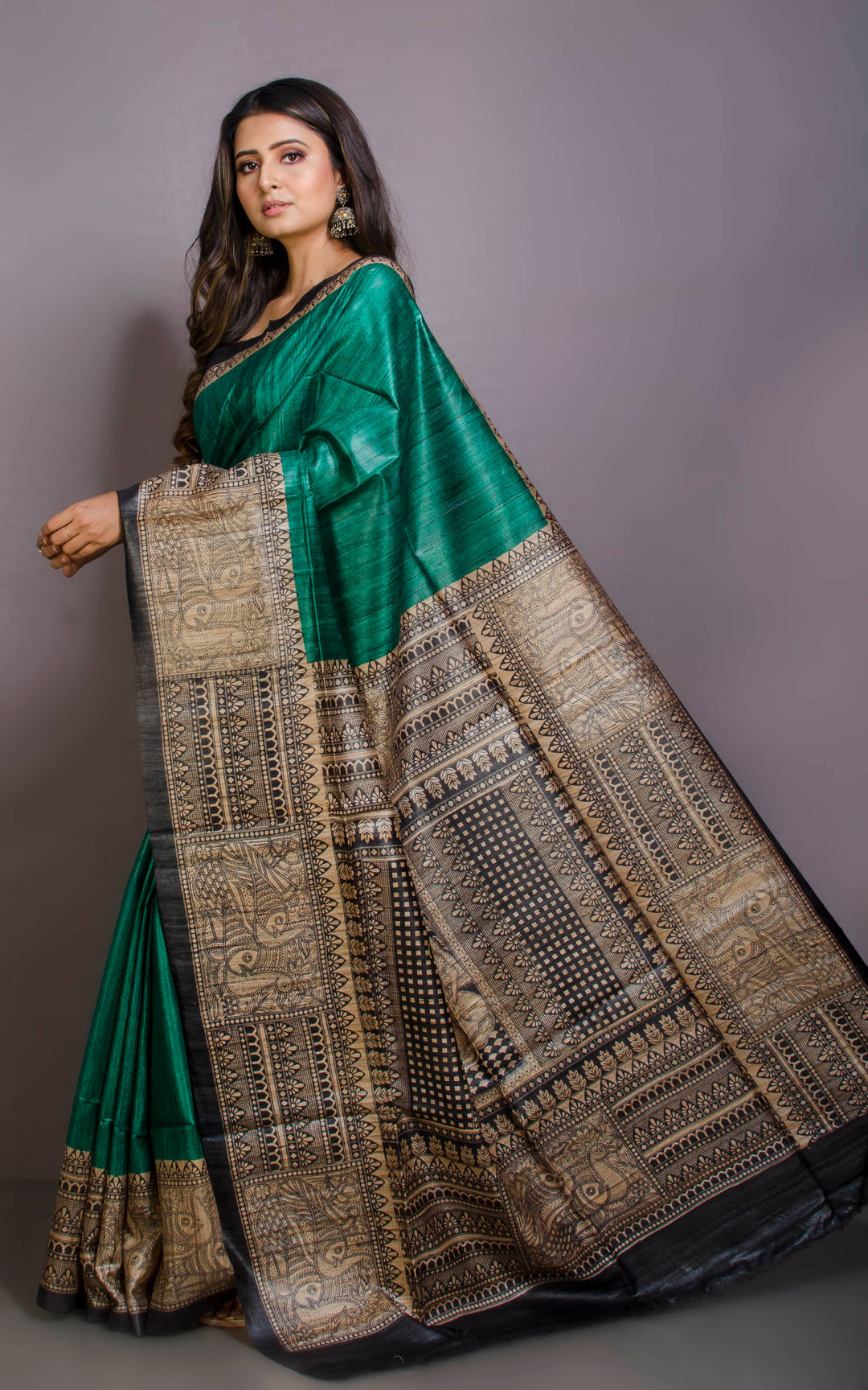 Dark Green Handwoven Tussar Silk Saree | Madhubani Printed| KIHUMS Saree
