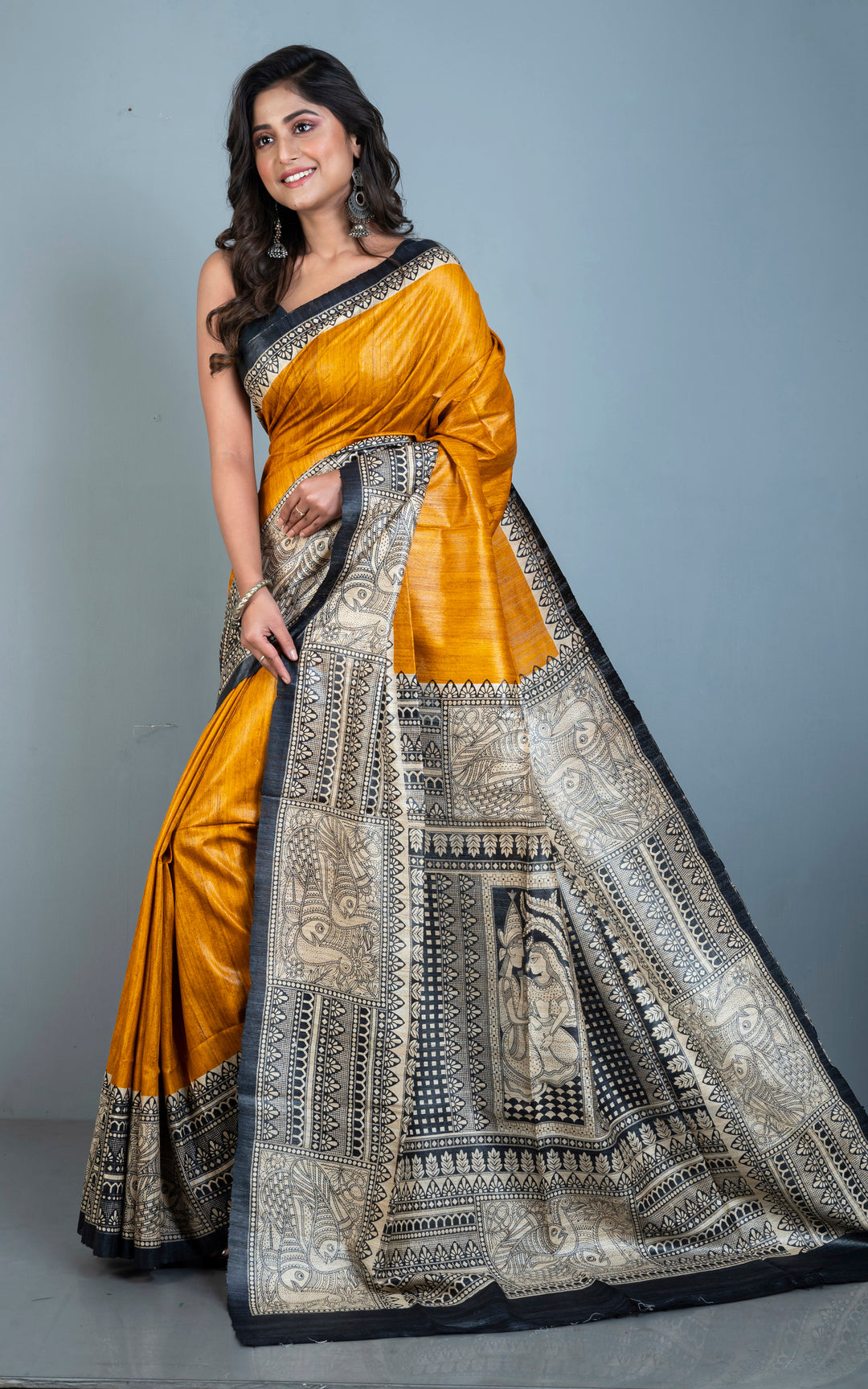Yellow Handwoven Tussar Silk Saree | Madhubani Printed| KIHUMS Saree