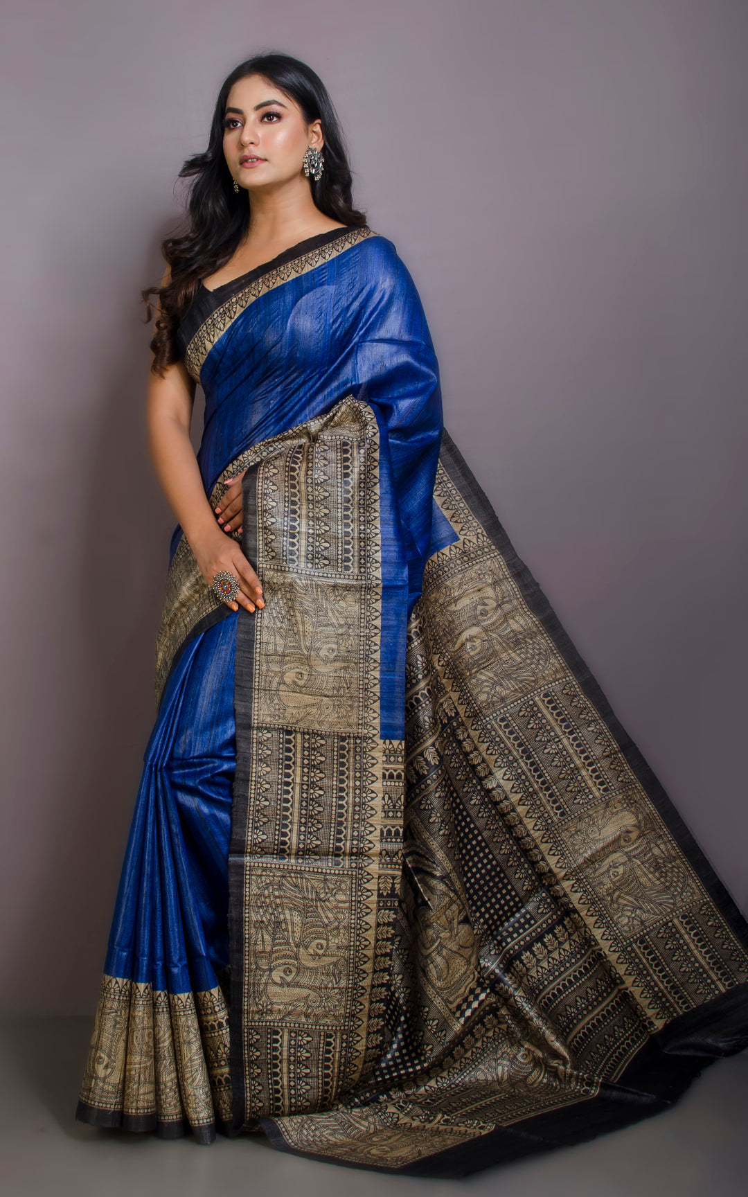 Dark Blue Handwoven Tussar Silk Saree | Madhubani Printed| KIHUMS Saree