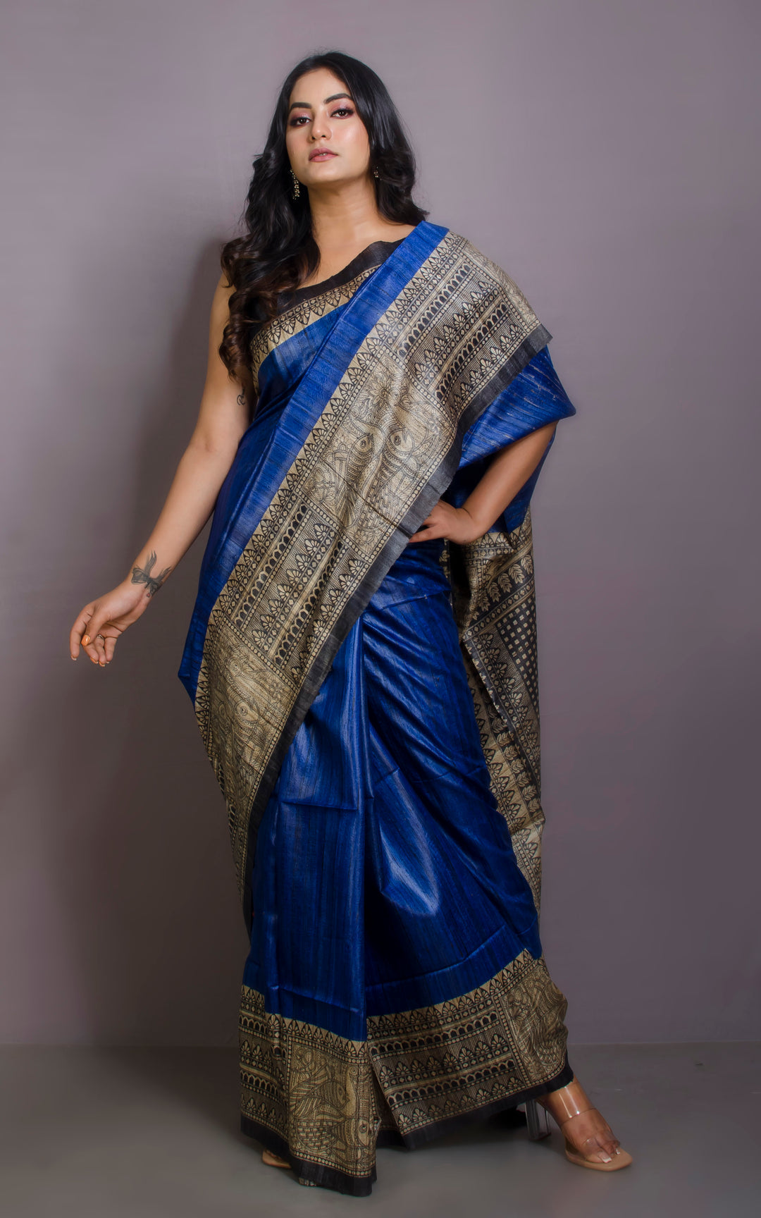 Dark Blue Handwoven Tussar Silk Saree | Madhubani Printed| KIHUMS Saree