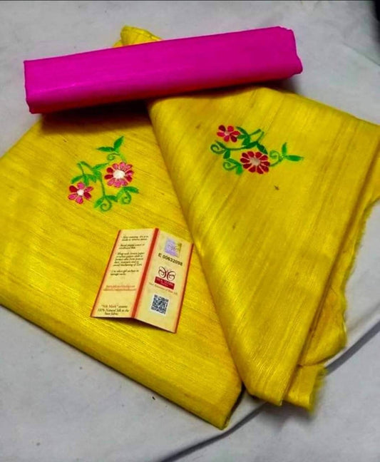 Yellow shade Handwoven Tussar Silk Saree | Embroidery work | KIHUMS Saree