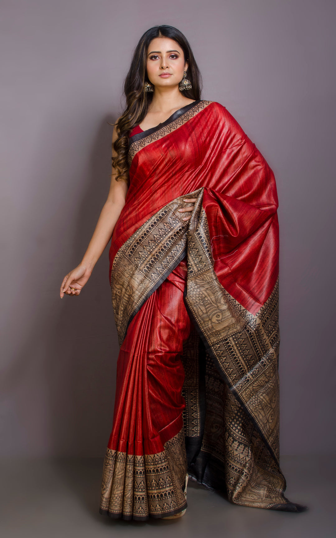 Dark Red Handwoven Tussar Silk Saree | Madhubani Printed| KIHUMS Saree