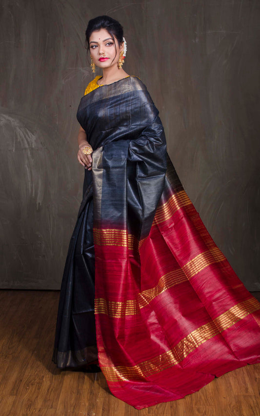 Dark Blue Handwoven Tussar Silk Saree | KIHUMS Saree