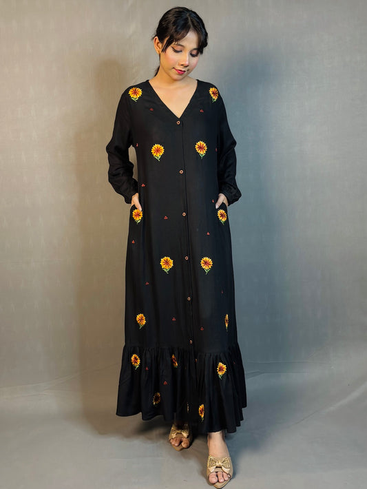 SUNFLOWER EMBROIDERED LONG DRESS
