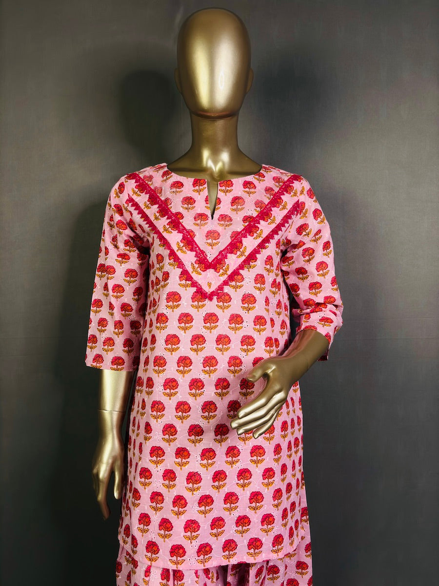 DEFNE Cotton Hakoba Floral Printed Kurta Set for women | Summer Kurta set