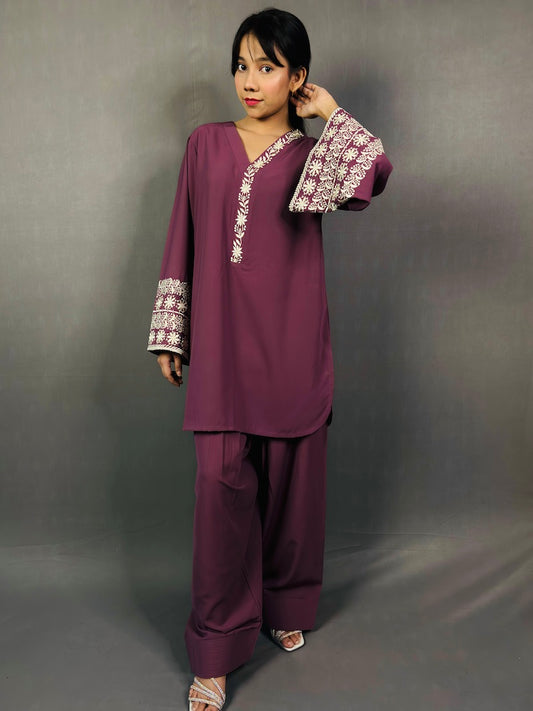 RIYA Wine Shade with Peach Thread Embroidered Farshi Shalwar