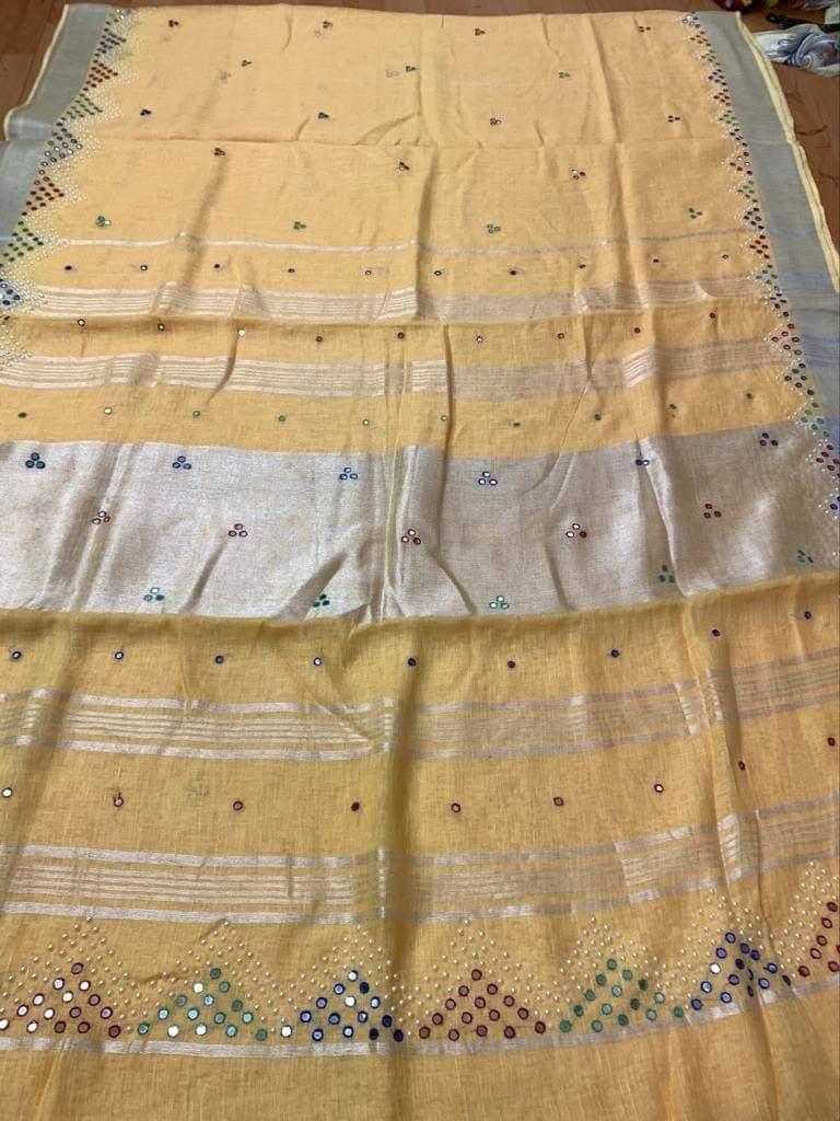 Yellow Handmade Pure Linen Saree | Red Border | Mirror Work | KIHUMS Saree