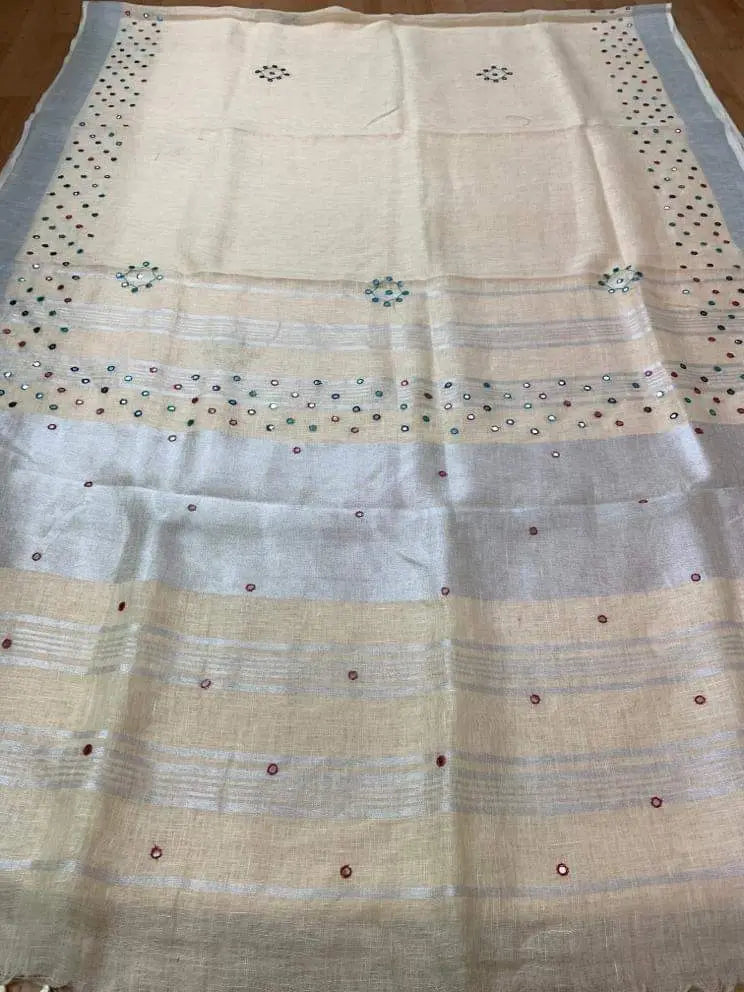 Light Cream Handmade Pure Linen Saree | Red Border | Mirror Work | KIHUMS Saree kihums clothing