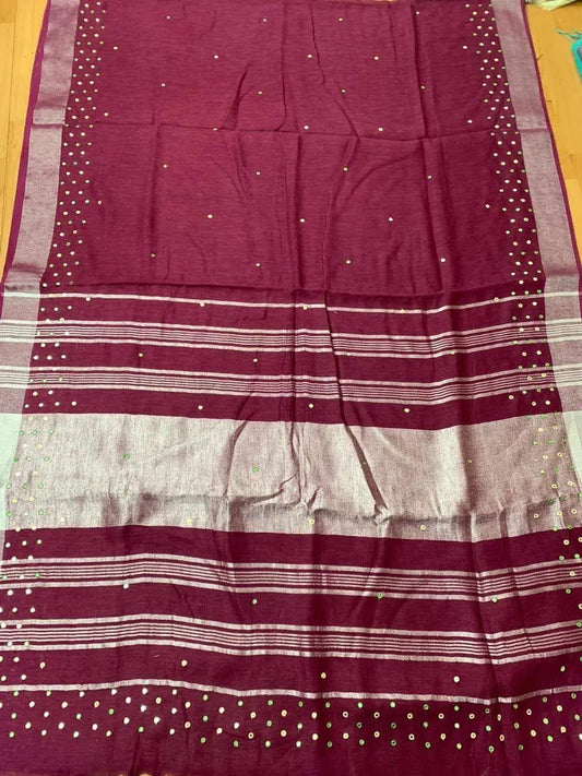 Wine Handmade Pure Linen Saree | Red Border | Mirror Work | KIHUMS Saree