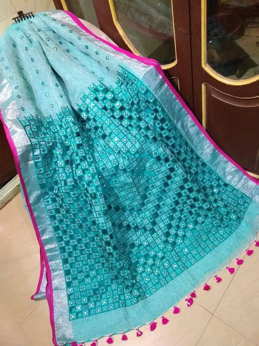 Sky Blue Handmade Pure Linen Saree | Cut work| Mirror Work | KIHUMS Saree