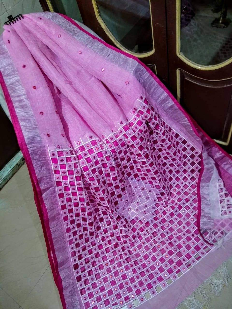 Pink Handmade Pure Linen Saree | Cut work| Mirror Work | KIHUMS Saree
