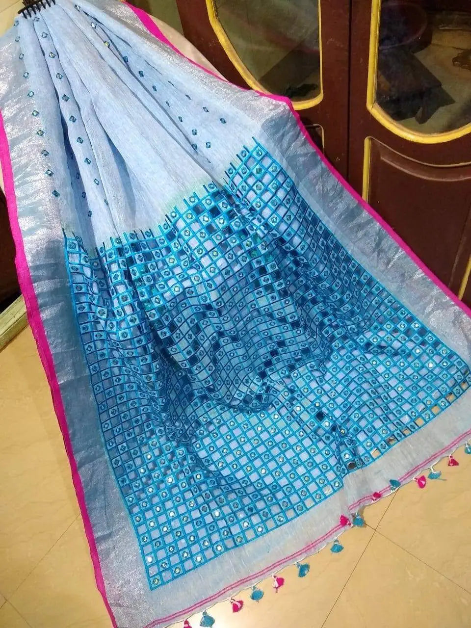 Powder Blue Handmade Pure Linen Saree | Cut work| Mirror Work | KIHUMS Saree kihums clothing