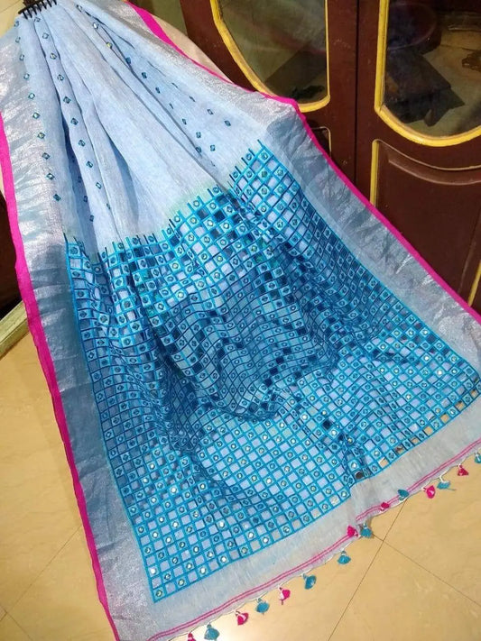 Powder Blue Handmade Pure Linen Saree | Cut work| Mirror Work | KIHUMS Saree