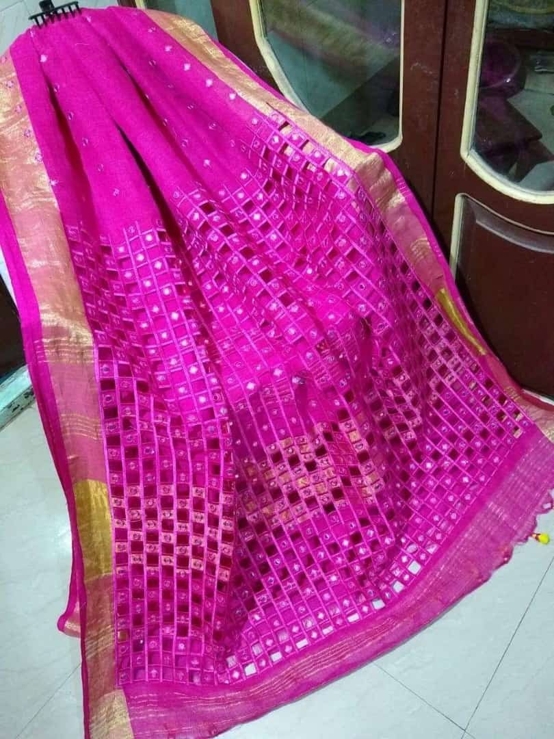 Rani Pink Handmade Pure Linen Saree | Cut work| Mirror Work | KIHUMS Saree