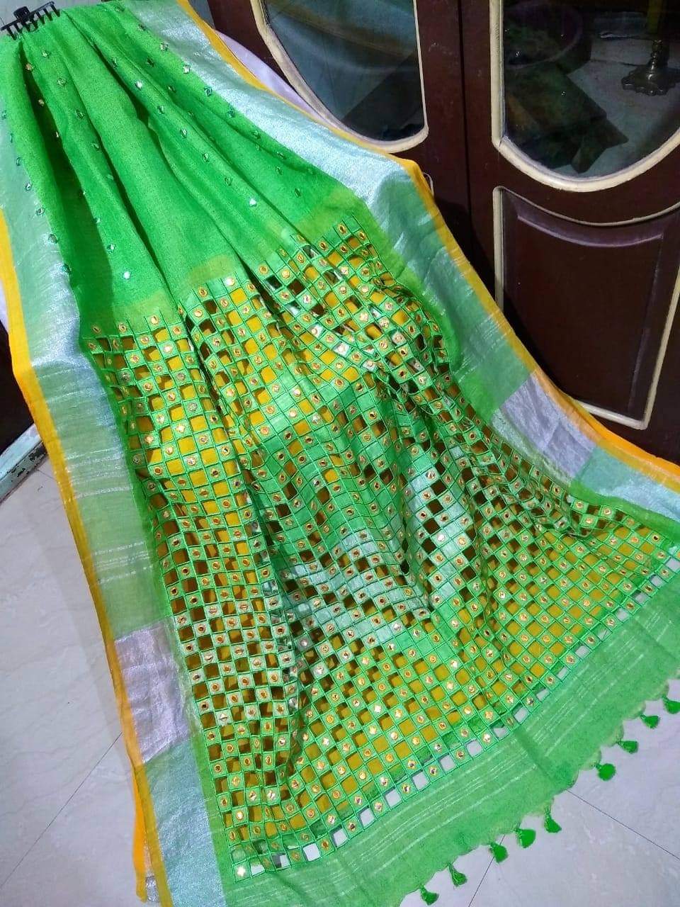 Green Handmade Pure Linen Saree | Cut work| Mirror Work | KIHUMS Saree