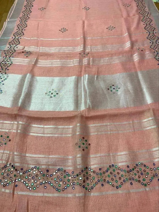 Peach Handmade Pure Linen Saree | Red Border | Mirror Work | KIHUMS Saree