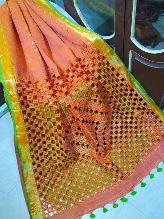 Soft Orange Handmade Pure Linen Saree | Cut work| Mirror Work | KIHUMS Saree