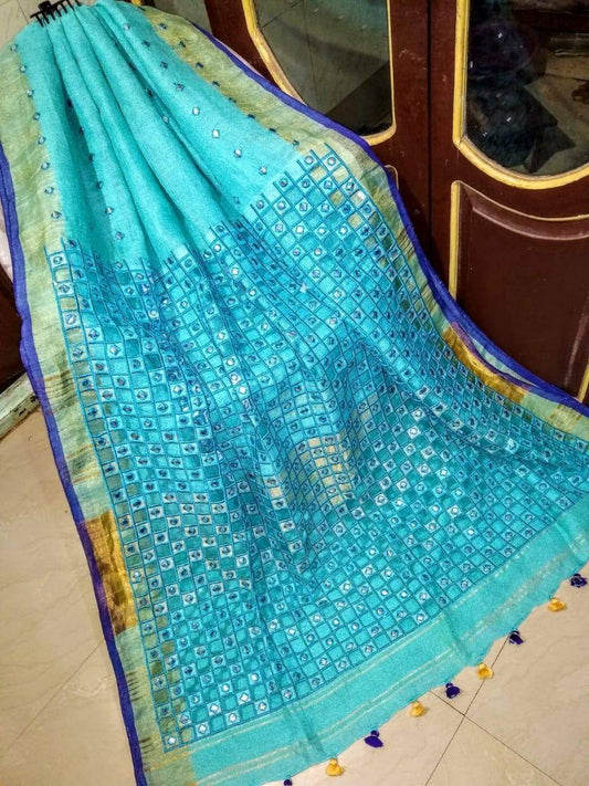 Blue Handmade Pure Linen Saree | Cut work| Mirror Work | KIHUMS Saree