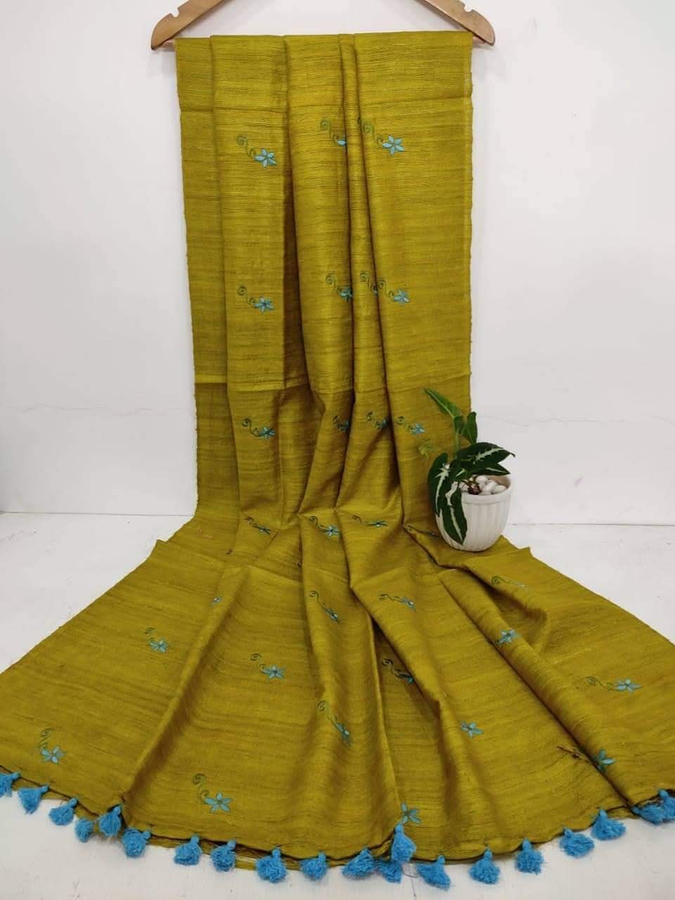 Mustard Tussar Silk Saree with Floral Embroidery | KIHUMS Saree