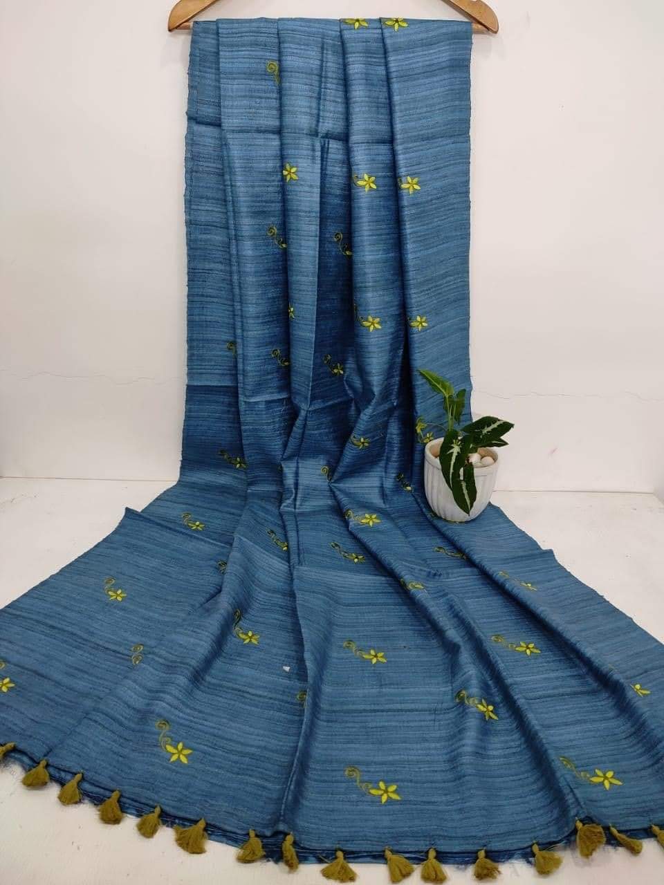 Blue Tussar Silk Saree with Floral Embroidery | KIHUMS Saree