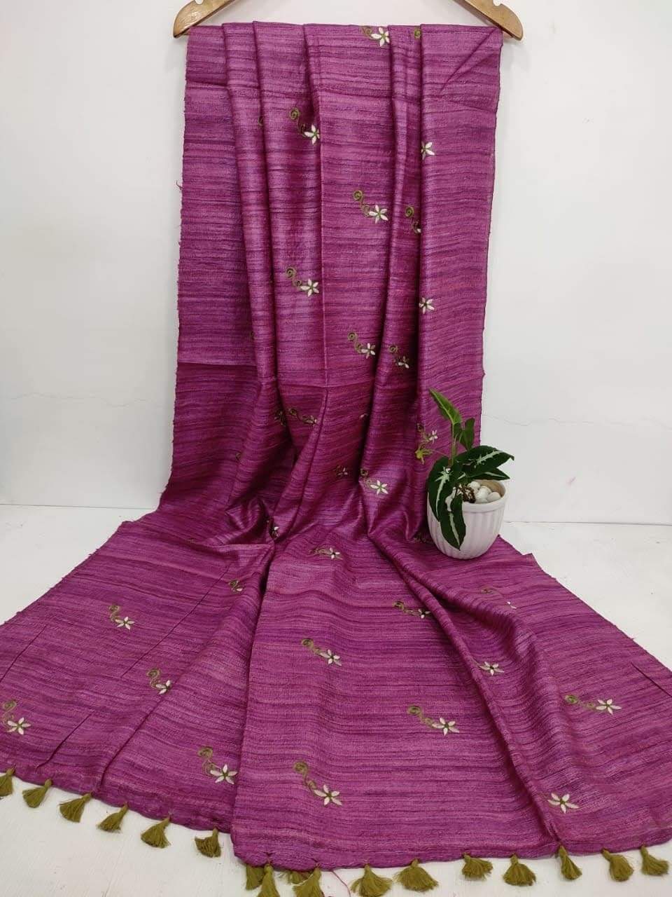 Magenta Tussar Silk Saree with Floral Embroidery | KIHUMS Saree