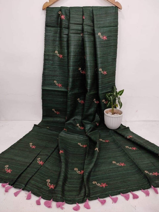 Dark Green Tussar Silk Saree with Floral Embroidery | KIHUMS Saree