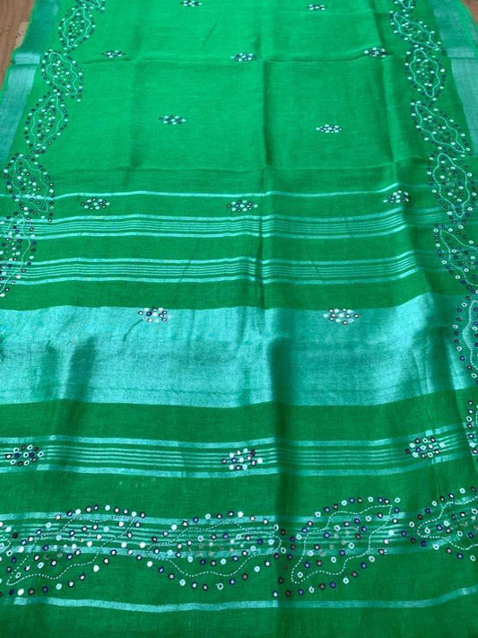 Green Handmade Pure Linen Saree | Red Border | Mirror Work | KIHUMS Saree