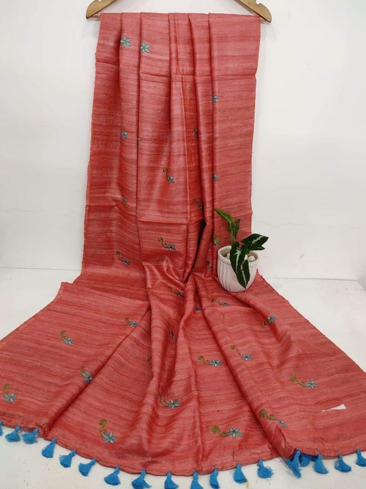 Carrot Shade Tussar Silk Saree with Floral Embroidery | KIHUMS Saree