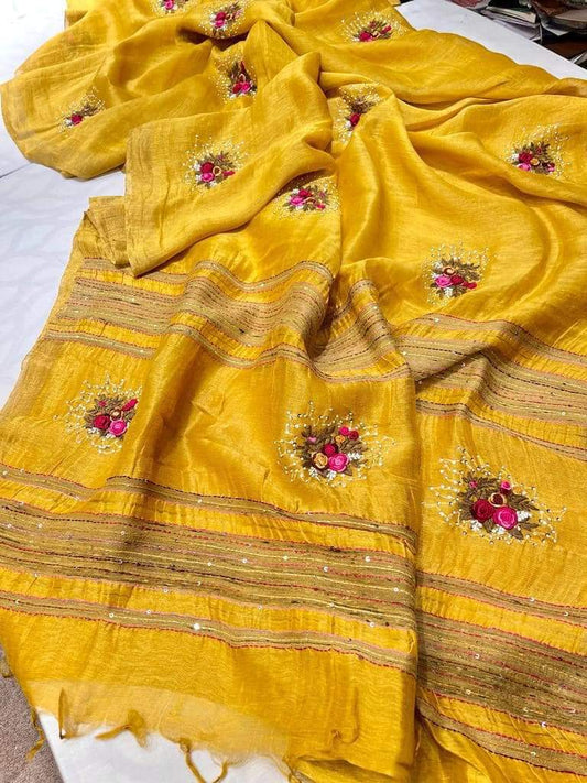 Yellow Silk Linen with Floral Embroidery | KIHUMS Saree