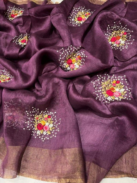 Brinjal Shade Silk Linen with Floral Embroidery | KIHUMS Saree