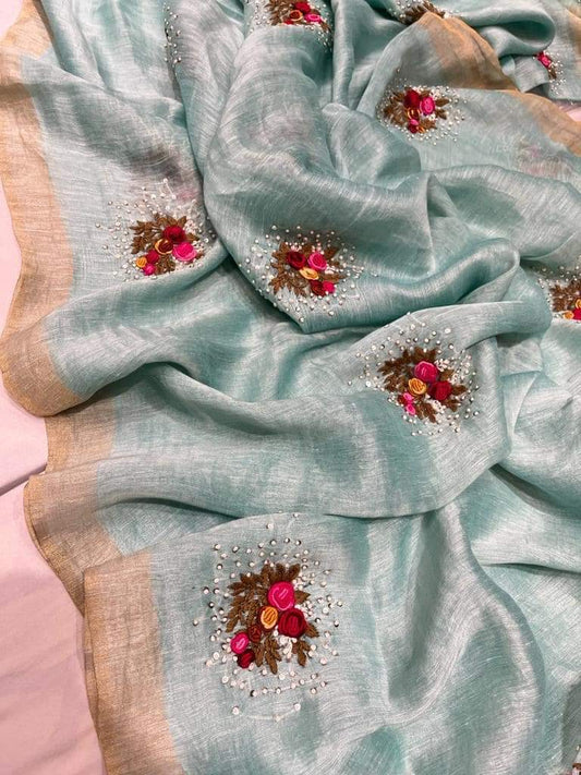 Powder Blue Silk Linen with Floral Embroidery | KIHUMS Saree