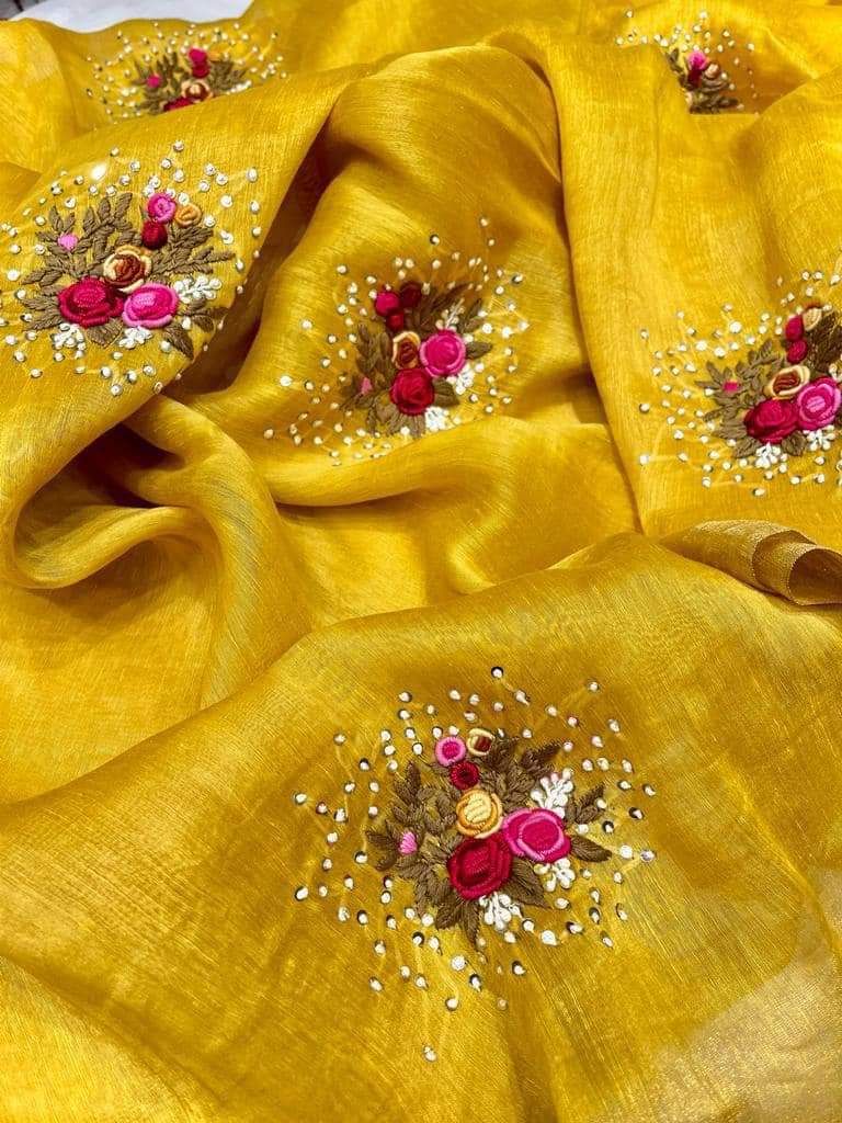 Yellow Silk Linen with Floral Embroidery | KIHUMS Saree