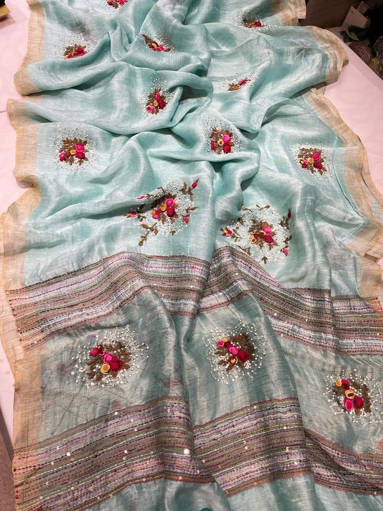 Powder Blue Silk Linen with Floral Embroidery | KIHUMS Saree