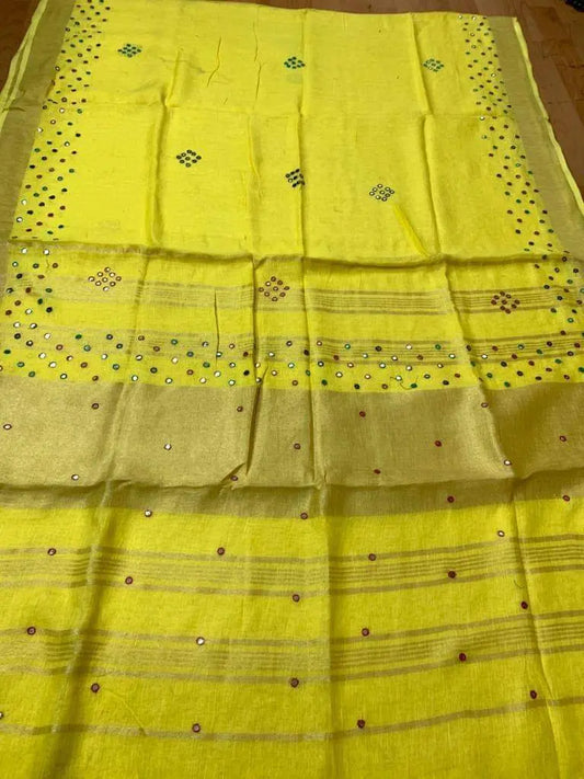 Lemon Yellow Handmade Pure Linen Saree | Red Border | Mirror Work | KIHUMS Saree