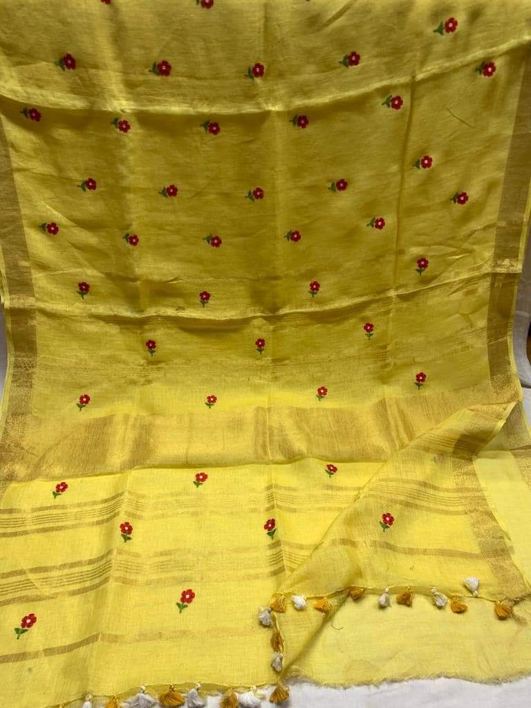Yellow Linen Saree with Embroidery Work | Gold Zari Border | KIHUMS Saree
