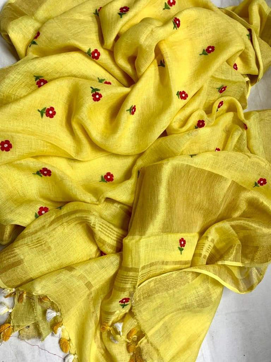 Yellow Linen Saree with Embroidery Work | Gold Zari Border | KIHUMS Saree